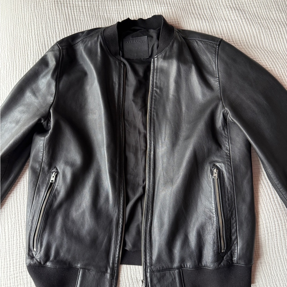All Saints Black Leather Bomber Jacket